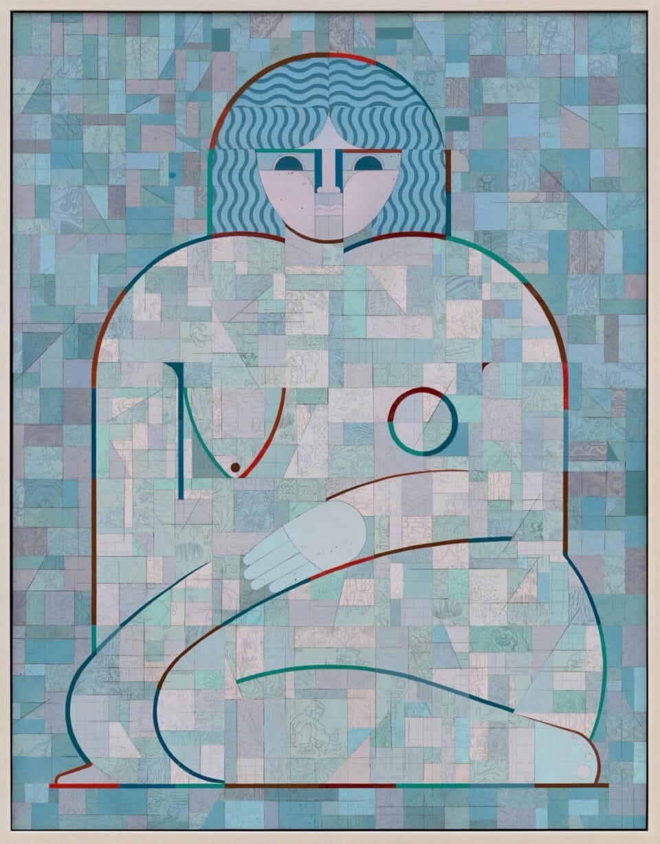 a painting of a nude woman kneeling, composed of abstract, patterned, geometric shapes, rendered overall in a light blue
