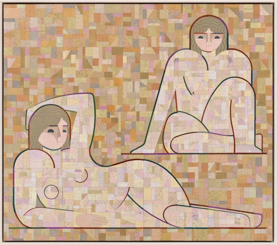 a painting of two seated and reclining women, composed of abstract, patterned, geometric shapes, rendered overall in a light orange