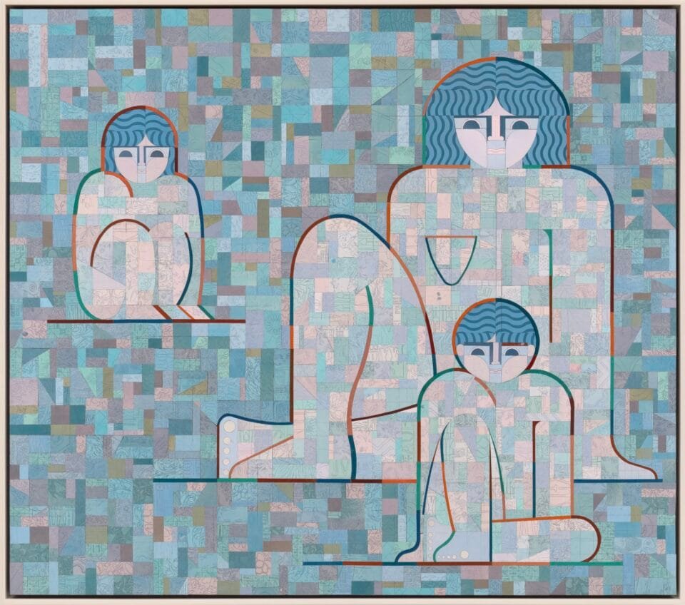 a painting of a woman and two children composed of abstract, patterned, geometric shapes, rendered overall in a light blue