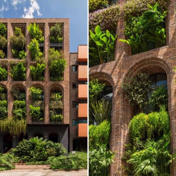 A modern hotel with archways and porticos that houses more than 100 tropical species with an efficient irrigation system.