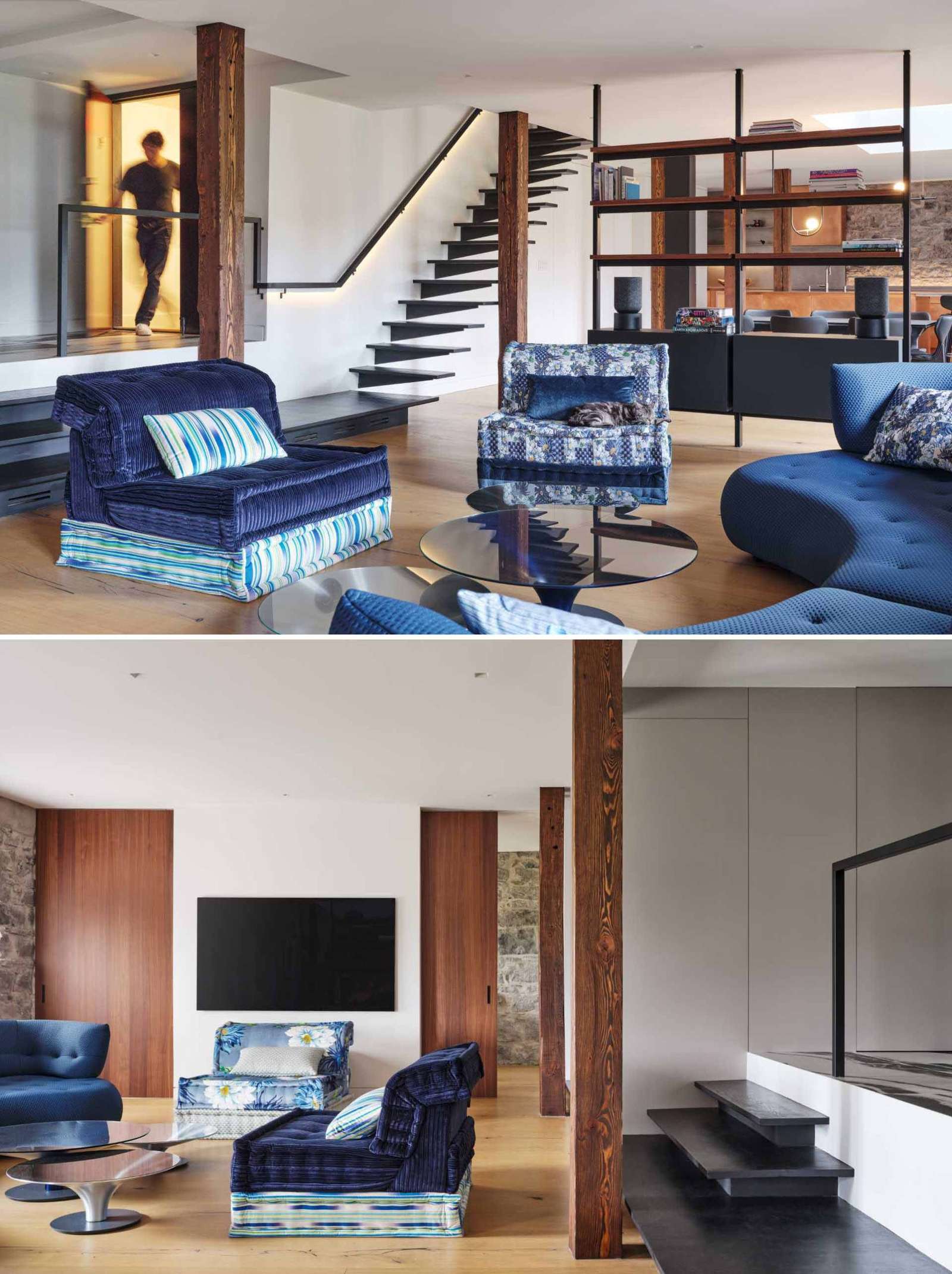 The exposed stone walls and wooden elements were meticulously restored in this living room, preserving their raw beauty while enhancing warmth and texture.