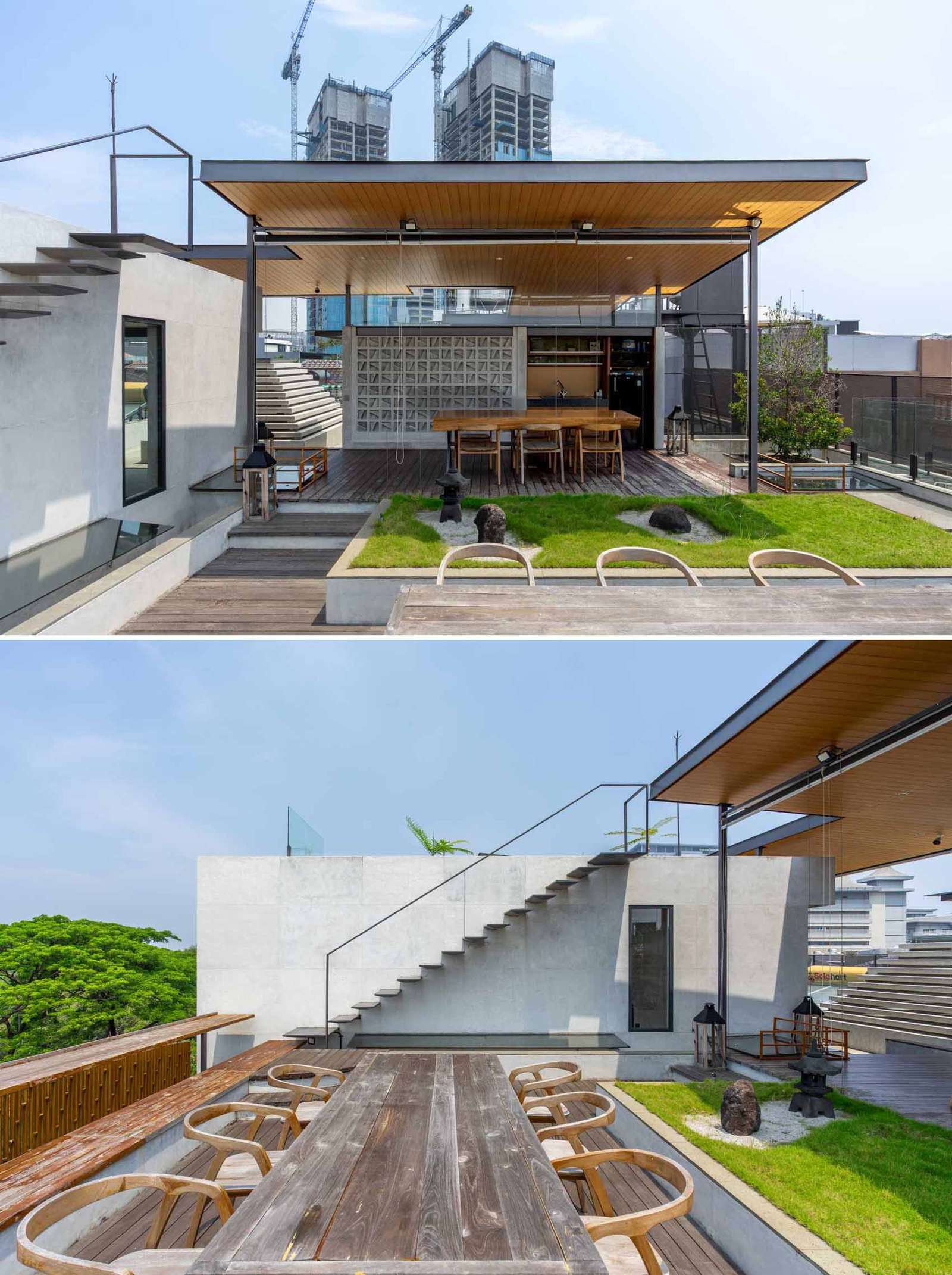 A modern home with a rooftop garden, outdoor kitchen, and multiple dining areas.