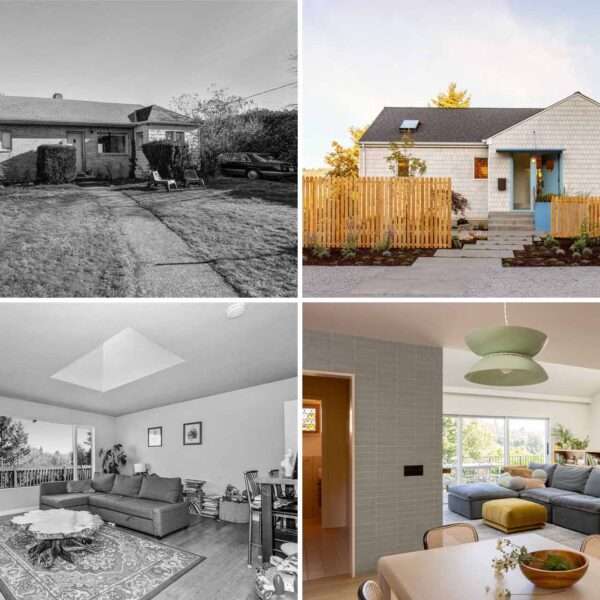 A renovated home with scalloped shingles and blue accents.