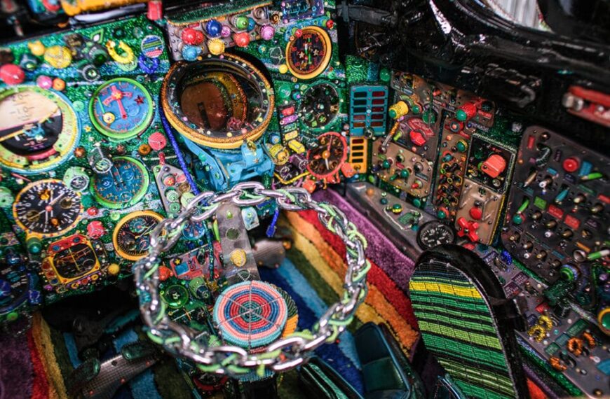 an elaborately beaded cockpit of a MiG-21 cockpit