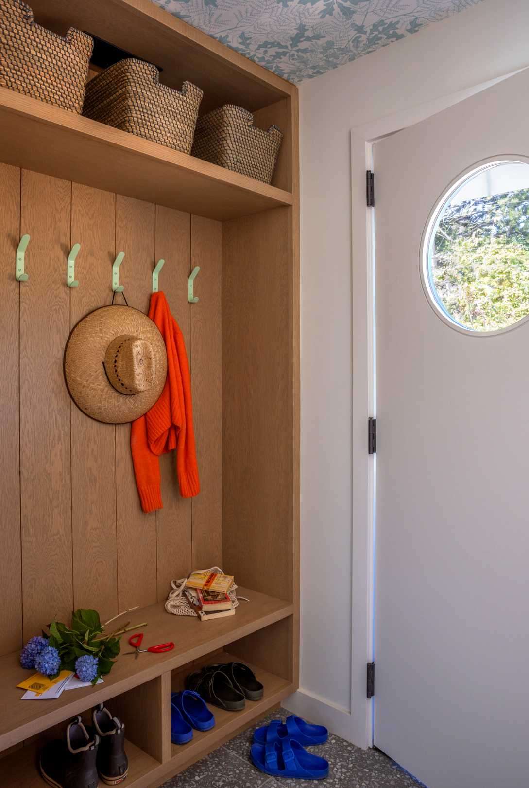 A custom built shelving unit with hooks.