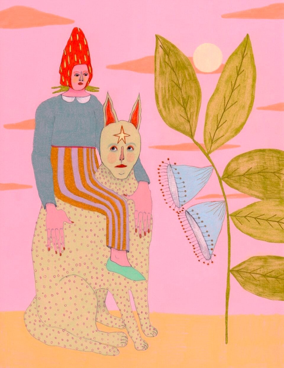 a figure with a strawberry hat rests on a cat-human hybrid