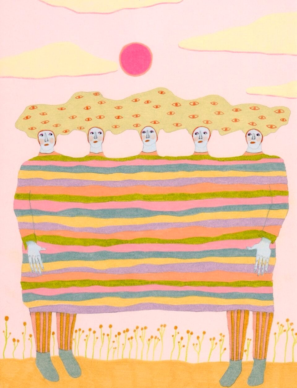 a five headed figure with two sets of legs wears a striped garment