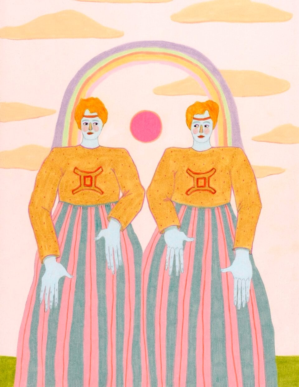 two twin figures stand under a rainbow and wear striped skirts with the gemini signs on their shirt