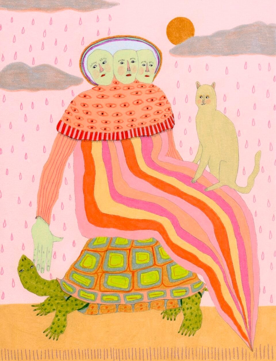 a three-headed figure in a striped suit sits atop a turtle with a cat in its lap