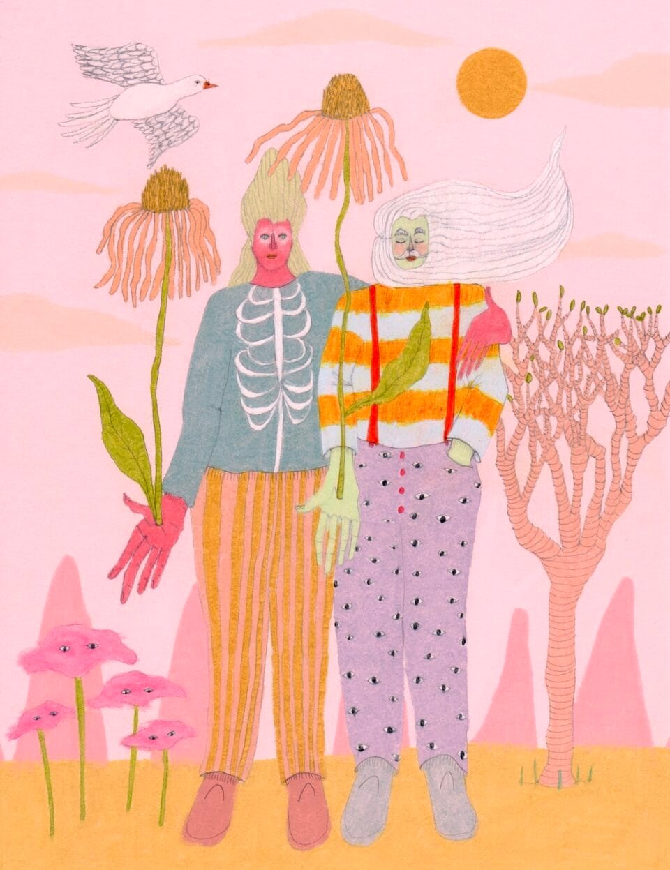 two surreal figures stand in a largely pink scene with flowers growing from their palms