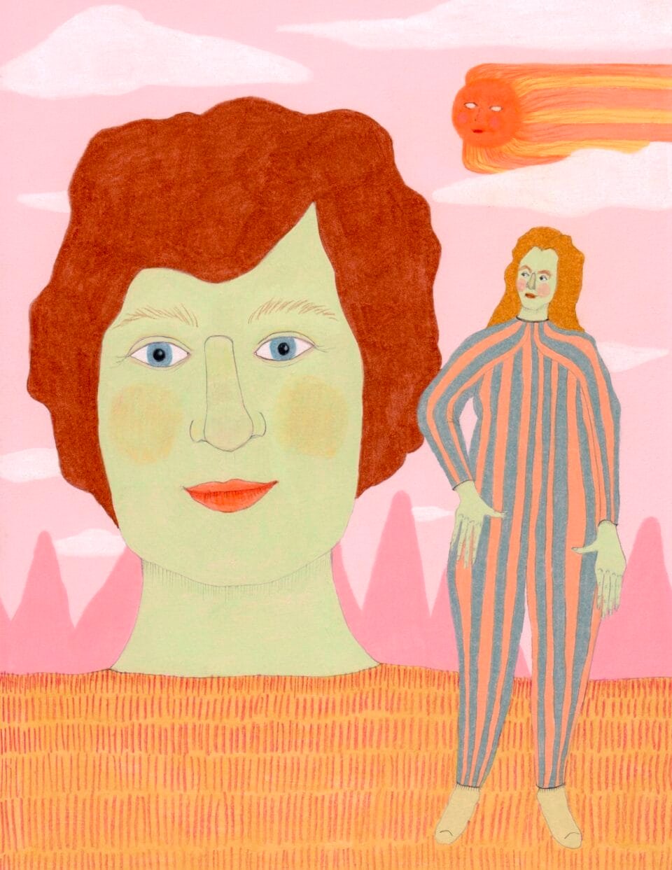 a figure in a striped garment standing in front of a large-scale portrait of a white woman with short curly red hair