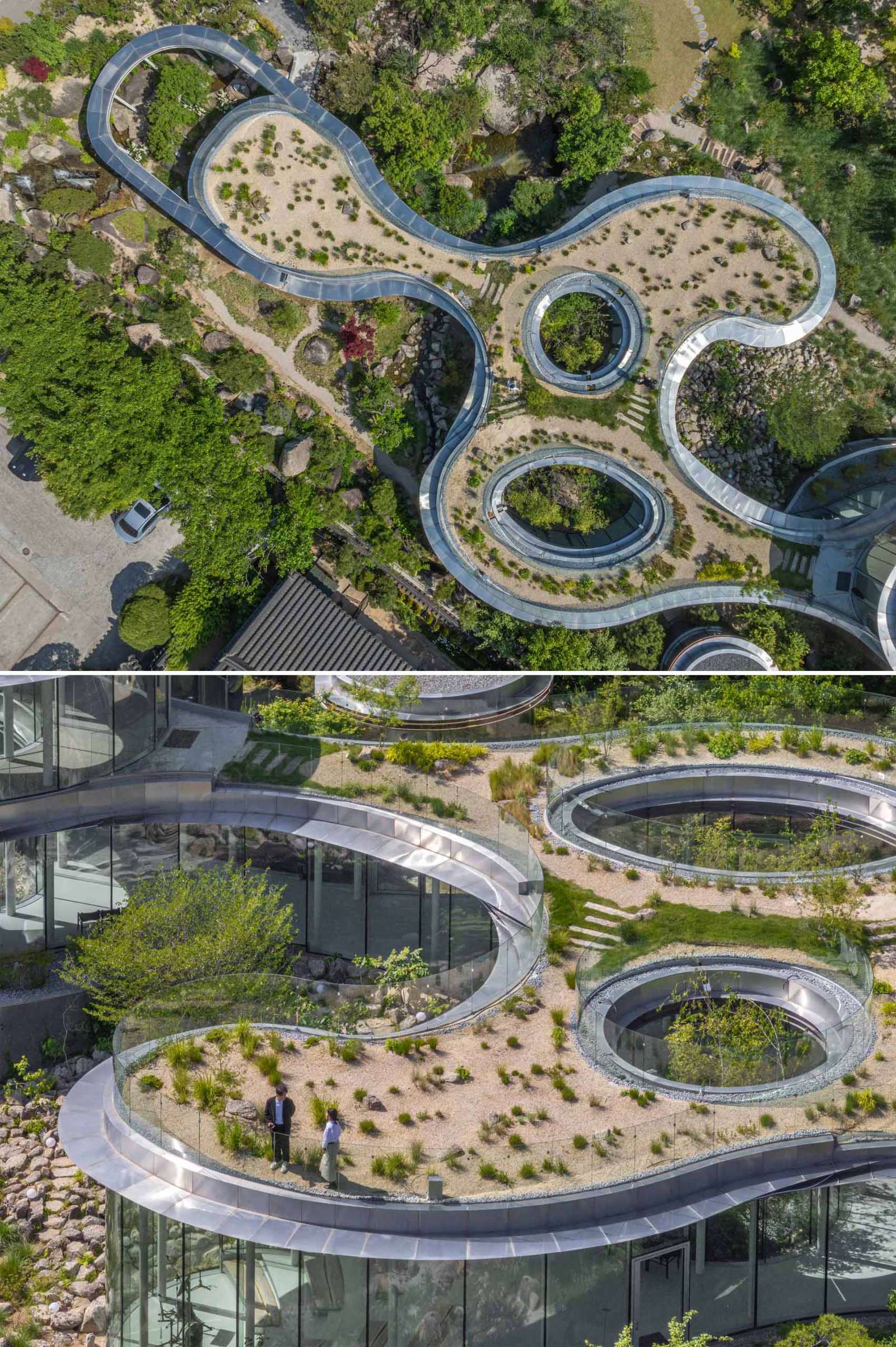 A modern cafe in South Korea, with social spaces and a green roof, was inspired by a walk in the forest.
