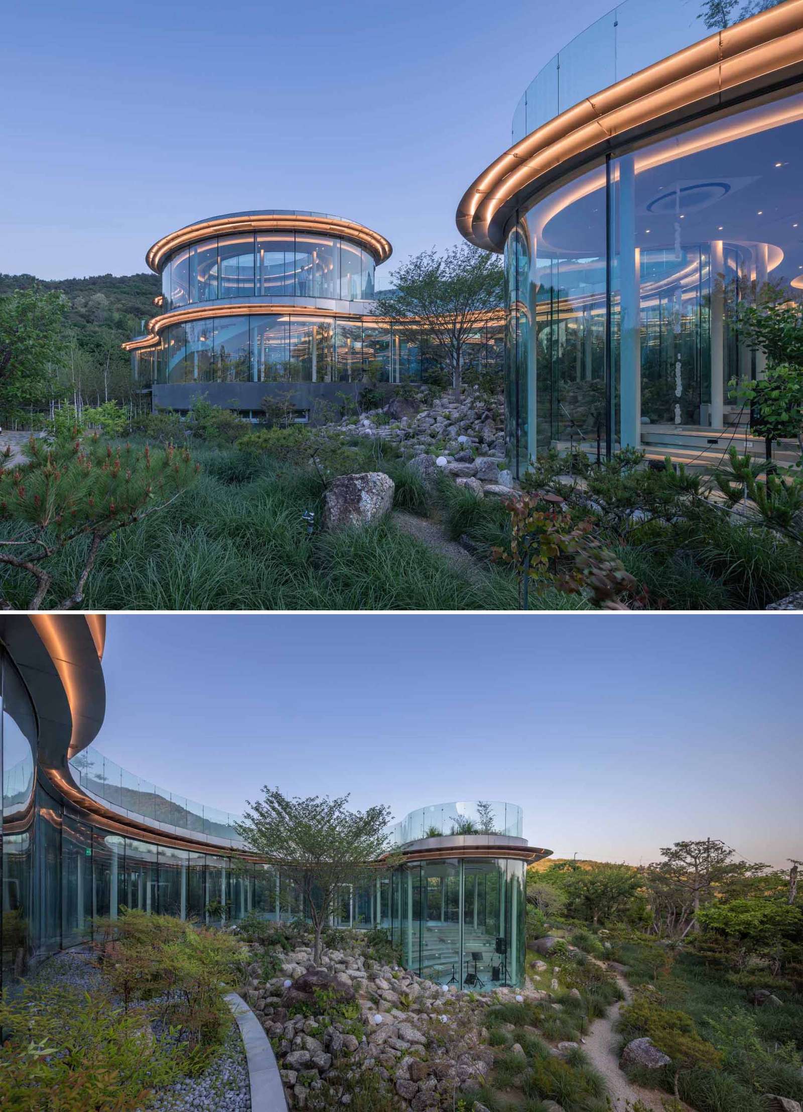 A modern cafe in South Korea, with social spaces and a green roof, was inspired by a walk in the forest.