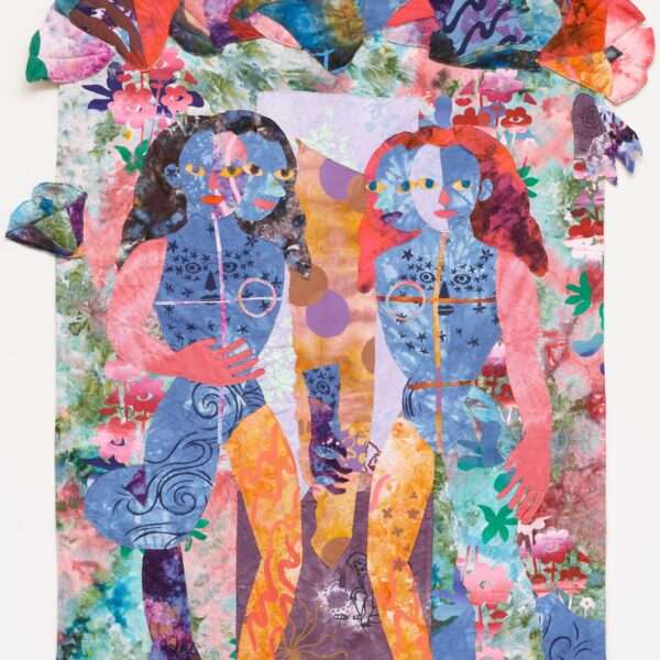 a textile portrait of two women in vivid, patterned fabrics