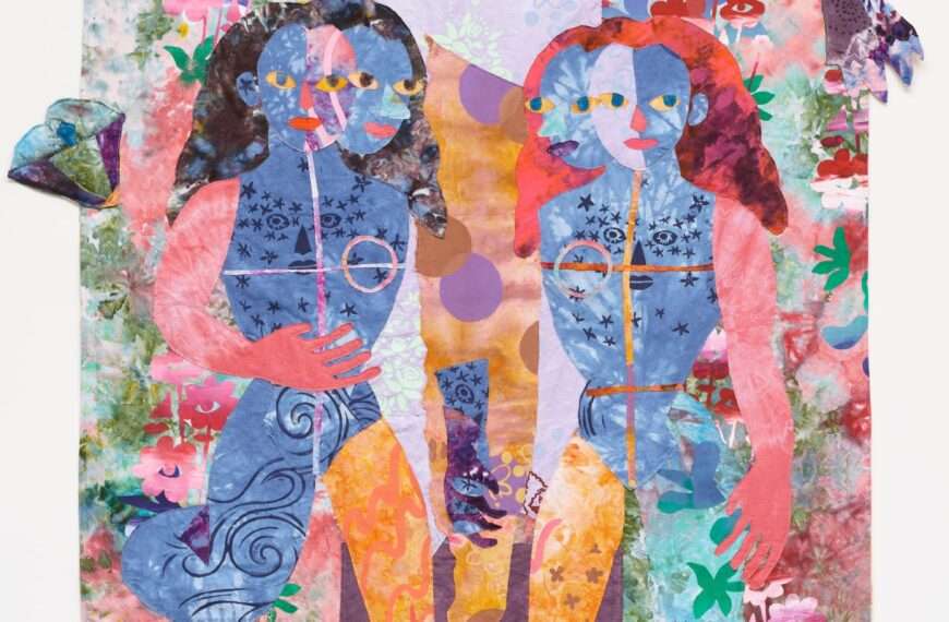 a textile portrait of two women in vivid, patterned fabrics