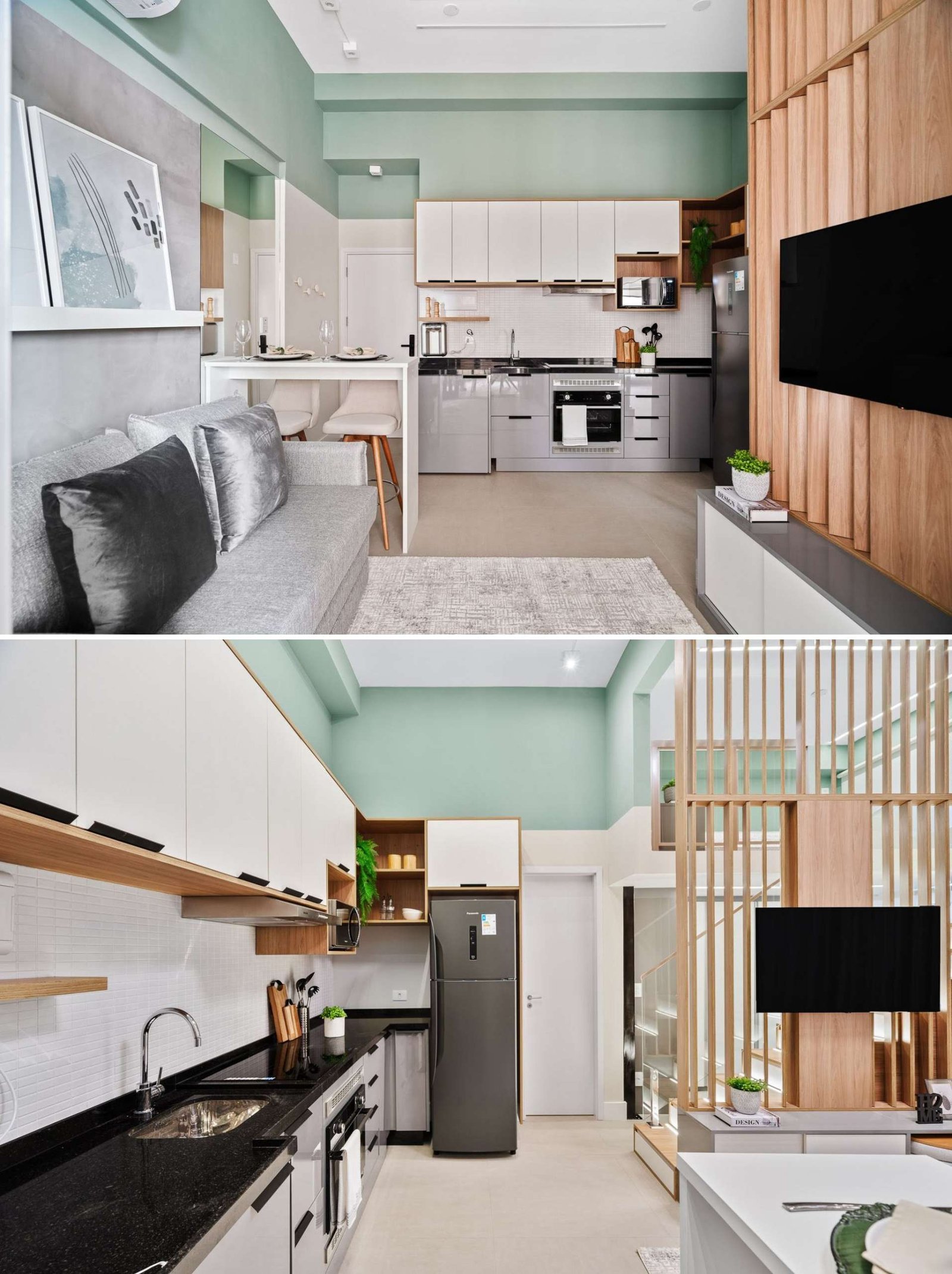 In the kitchen of this small apartment, cabinetry in Sacred Gray and white MDF provides ample storage while maintaining a clean, uniform look that blends seamlessly with the surrounding design elements.