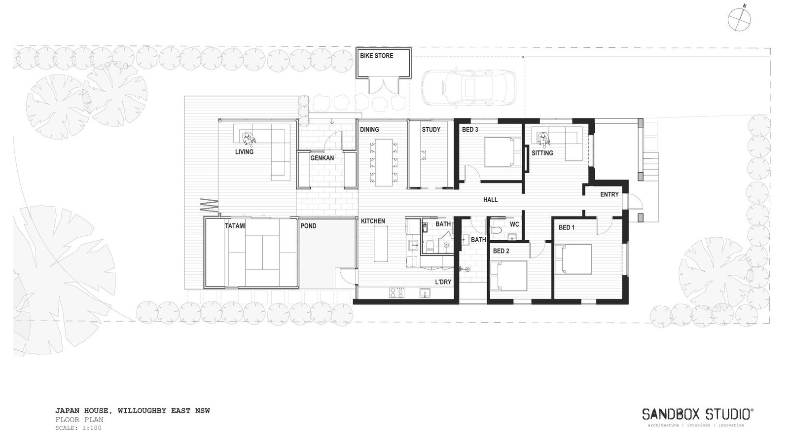The floor plan unfolds as a seamless sequence of connected rooms, where sliding elements and consistent materials create an intuitive sense of openness, flexibility and flow within a compact footprint.
