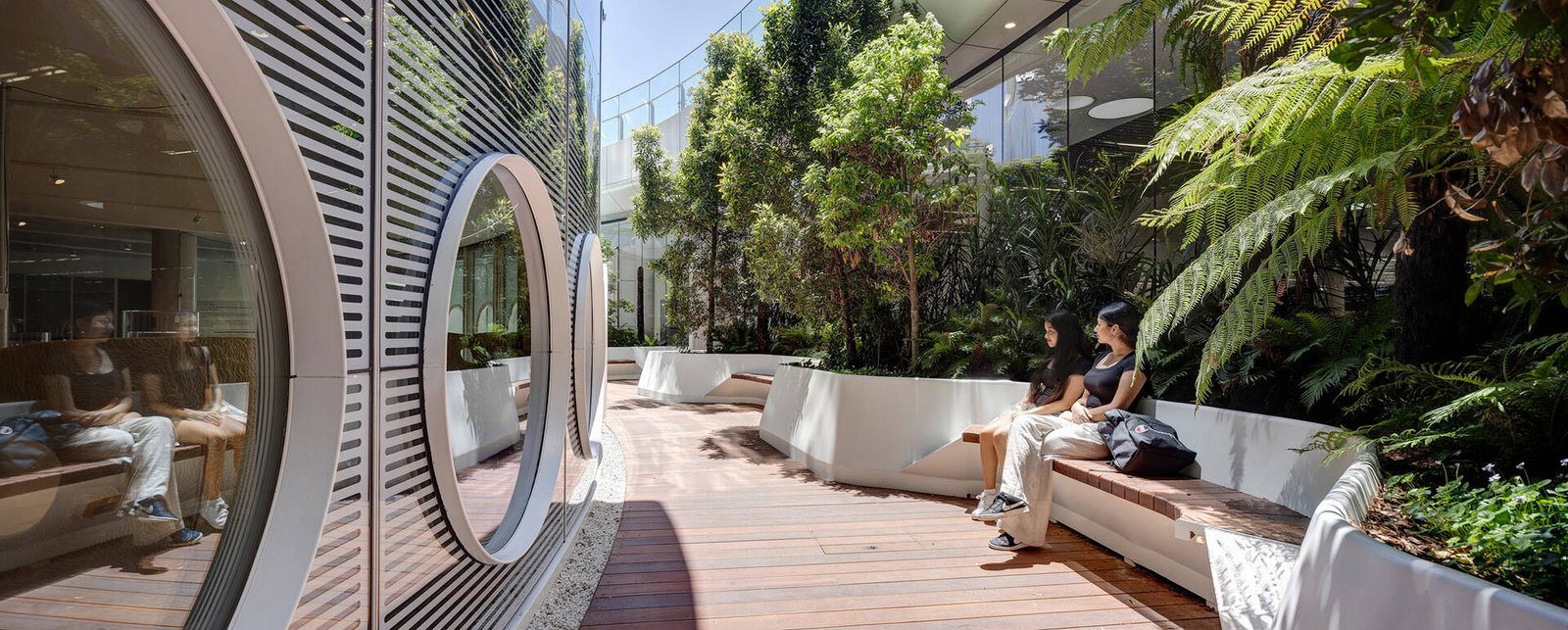 The timber-decked gathering garden is shaded by local eucalypts, has integrated seating, and a sunken courtyard that offers a space for small group settings.