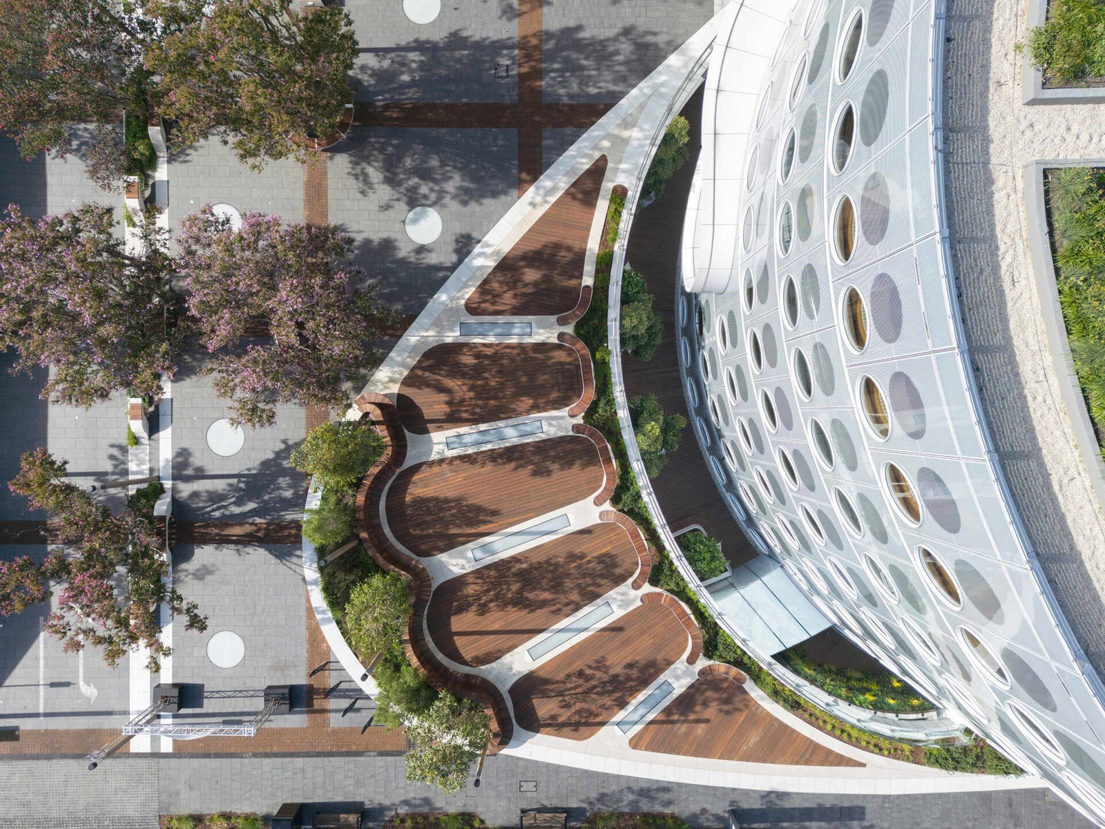 The curvilinear design of the library reflects the river’s flow, creating diverse, inviting spaces.