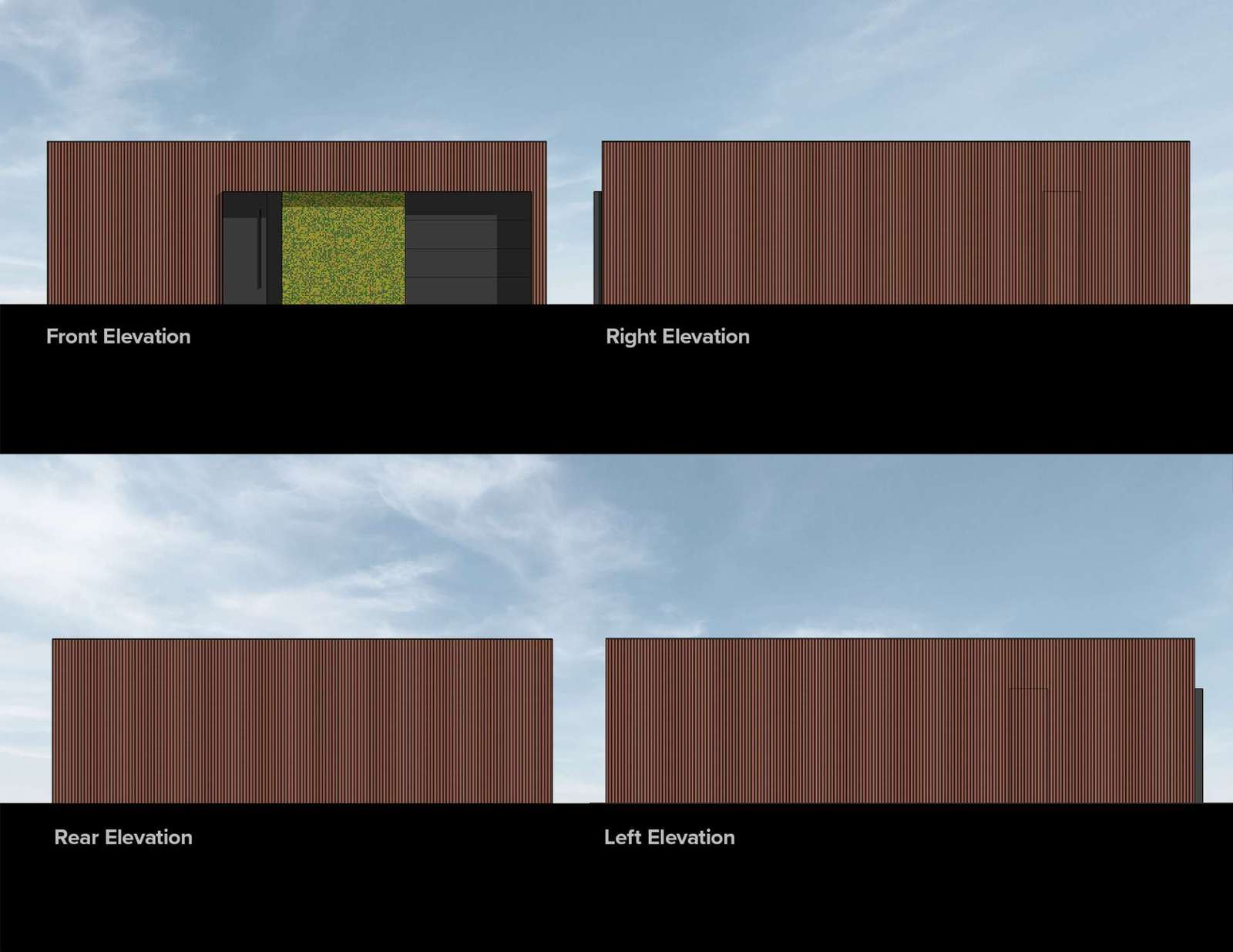 Architectural drawings for a modern home with a corrugated steel exterior and an interior courtyard.