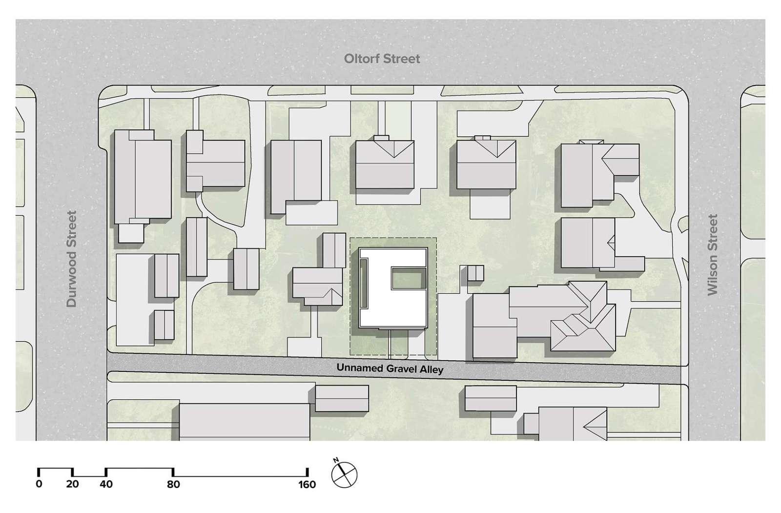 Architectural drawings for a modern home with a corrugated steel exterior and an interior courtyards.