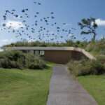 This concrete shell of this modern club house does double duty: it acts as both the building’s structure and surface, minimizing visual clutter and material use. The result is a continuous architectural form that feels quiet yet confident, merging seamlessly with its environment while inviting people to explore, gather, and linger.