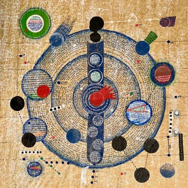 a geometric artwork of colorful circles on a cream-colored background