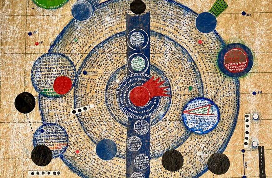 a geometric artwork of colorful circles on a cream-colored background