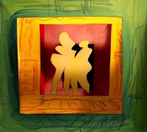 a layered assemblage of paper cut shapes, resembling two figures standing in a hallway