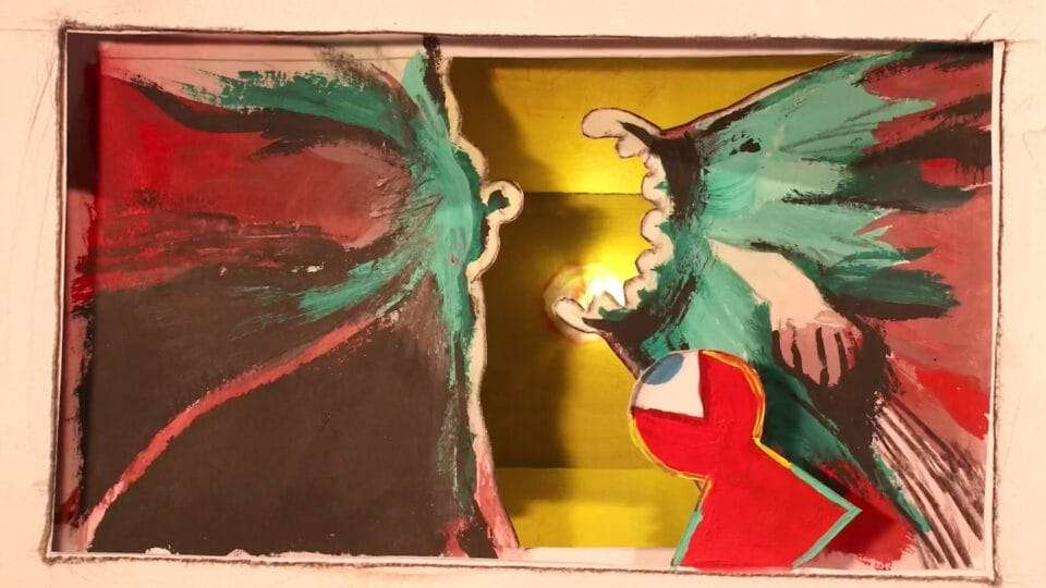 an abstract figure with one eye looks up at towering ambiguous figures