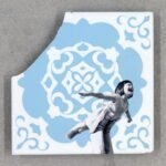 a painting of hands holding a child in the air as if she's flying on a fragmented blue and white tile