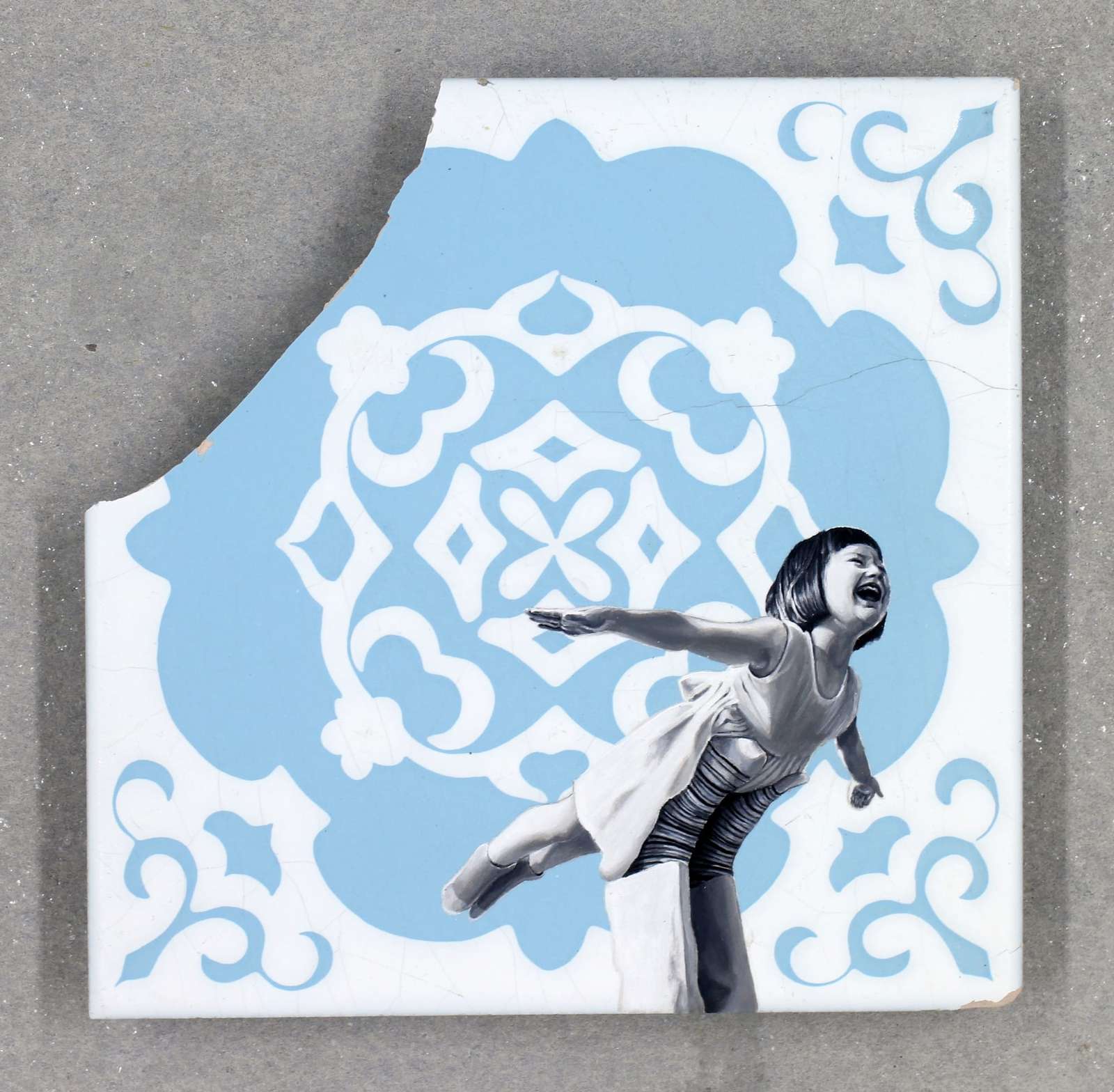 a painting of hands holding a child in the air as if she's flying on a fragmented blue and white tile