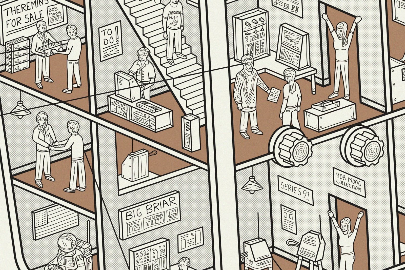 a detail of a cutaway diagram showing tiny figures sitting in a theremin that resembles a building-like structure