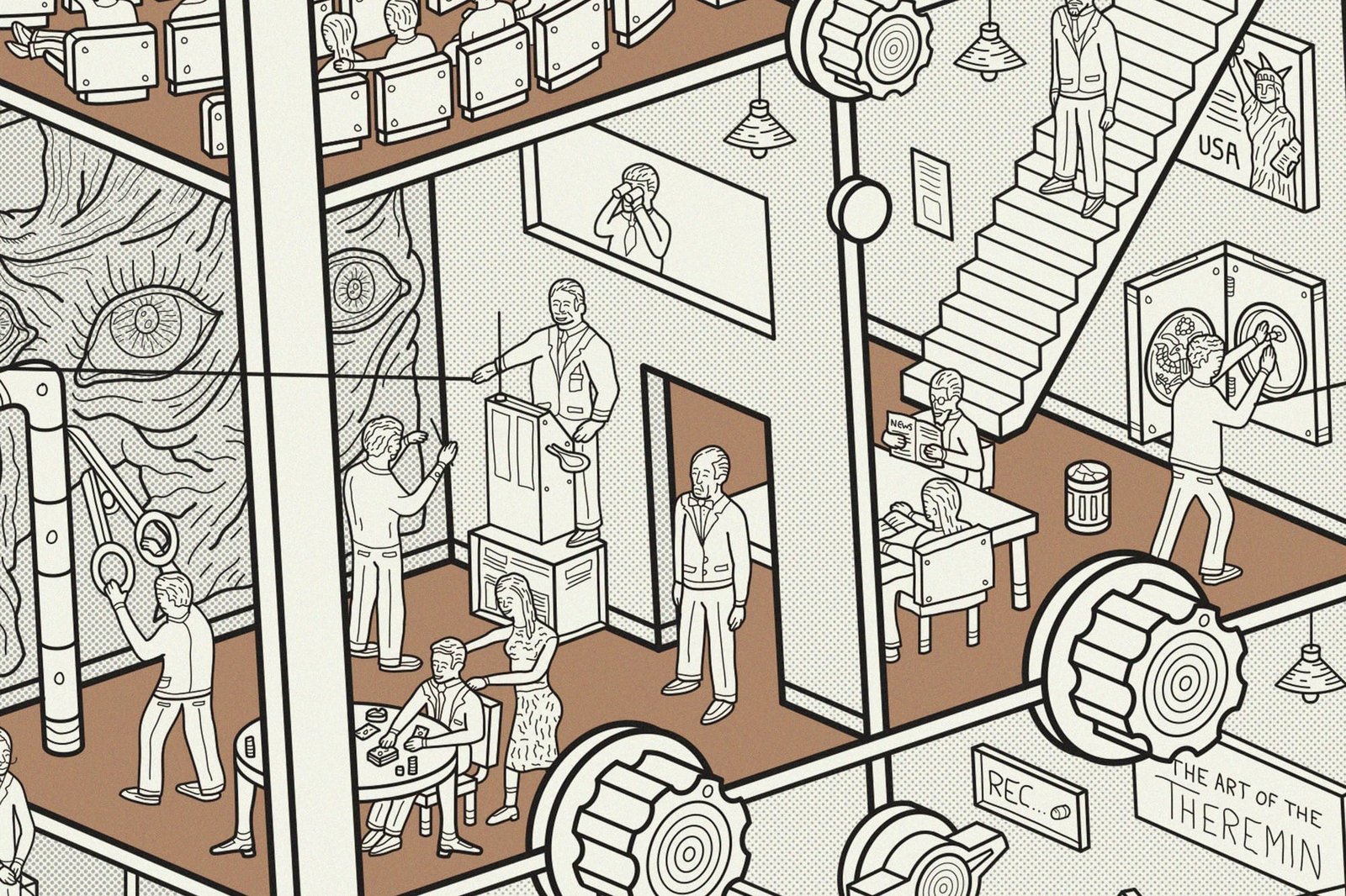 a detail of a cutaway diagram showing tiny figures sitting in a theremin that resembles a building-like structure