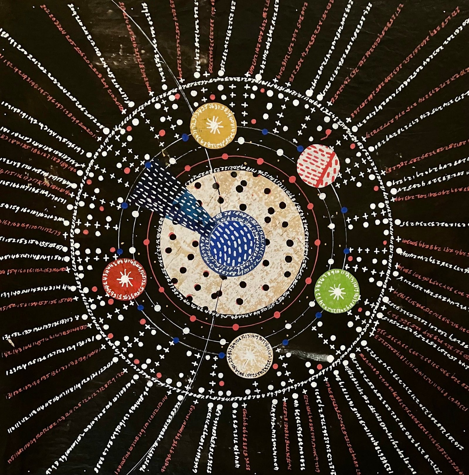 a geometric artwork of colorful circles and rays on a black background