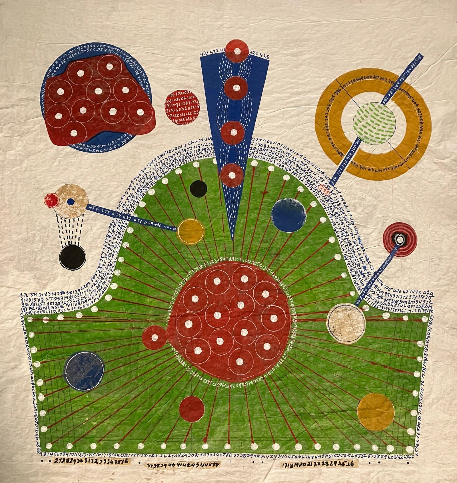 a geometric artwork of various colorful shapes on a cream-colored background