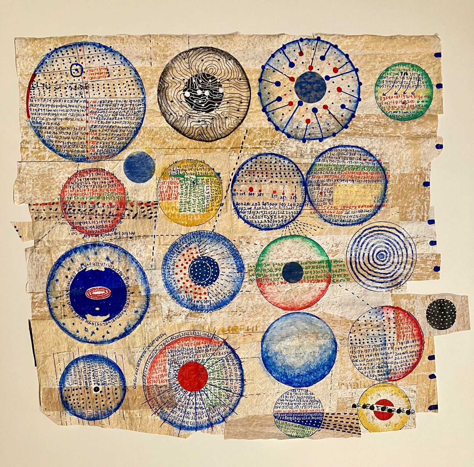 a geometric artwork of colorful circles on a cream-colored background