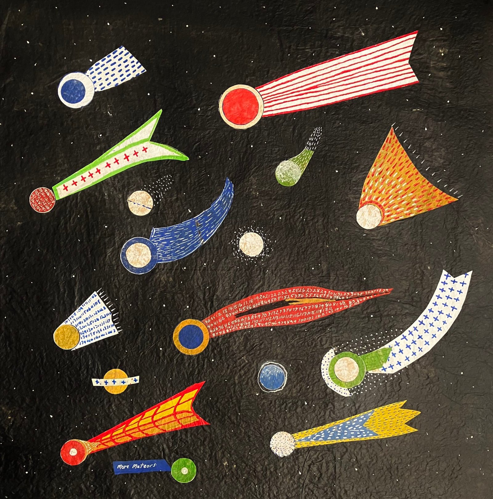 a geometric artwork of various colorful shapes, loosely comet-like, on a cream-colored background