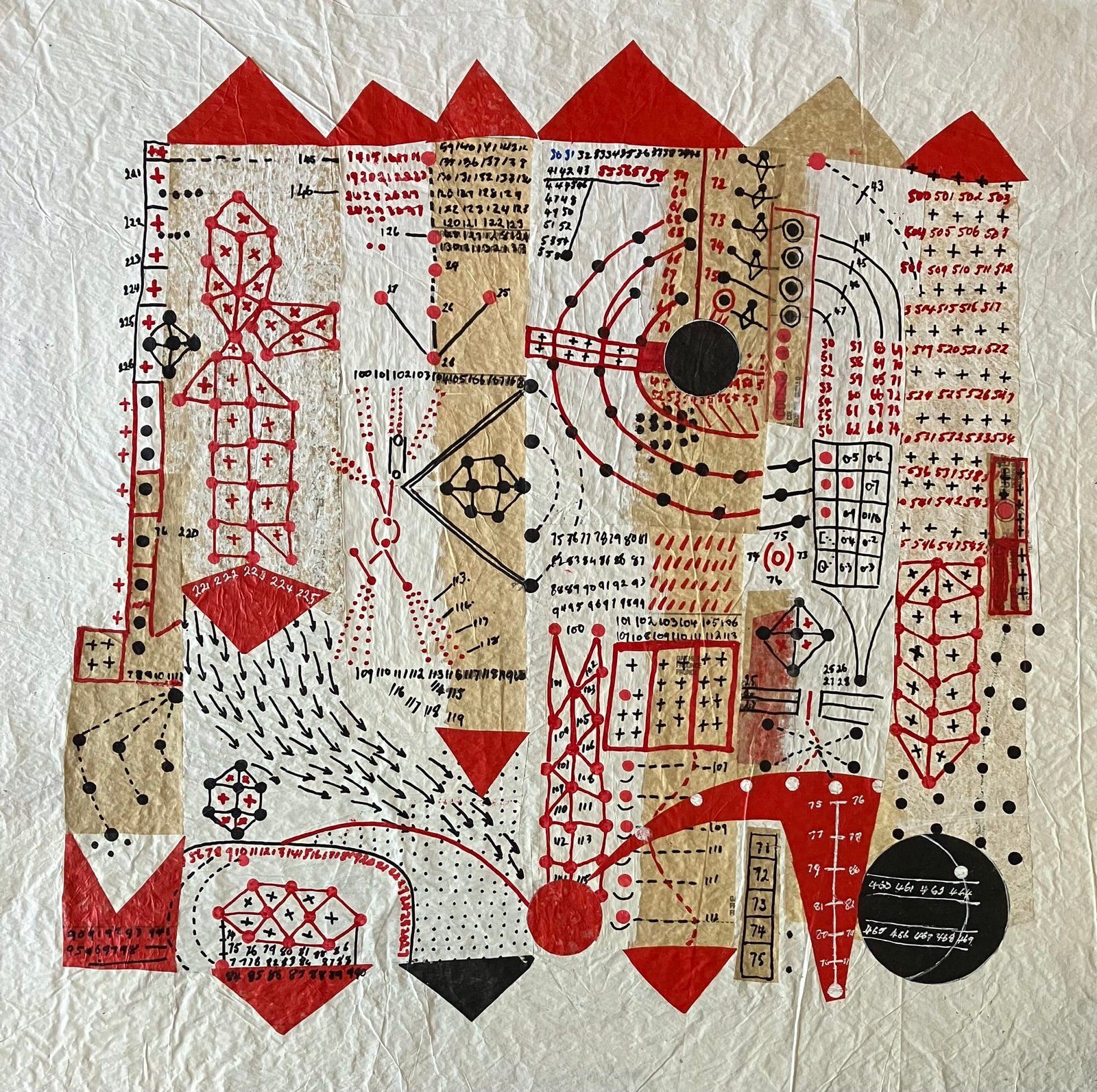 a geometric artwork of lines, columns, circles, and other shapes on a cream-colored background