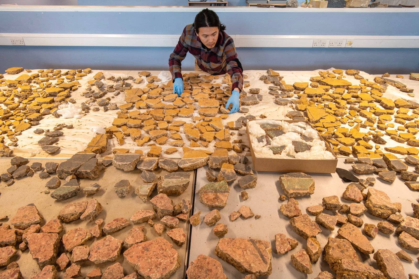 a researcher works on arranging fragments of a Roman fresco