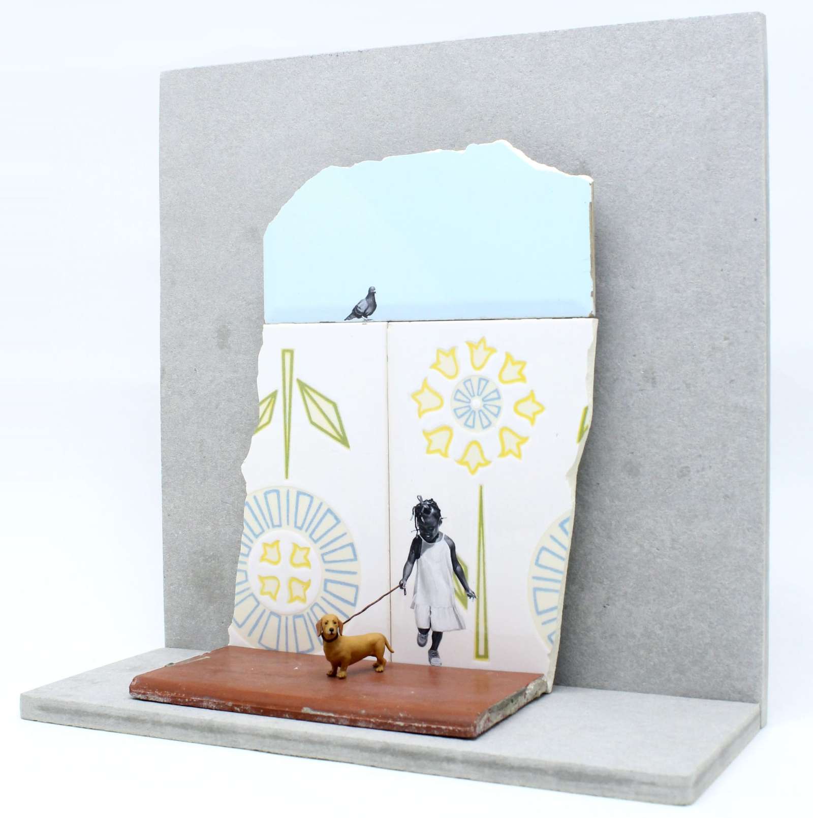 a painting of a child on a tile walking a sculpture of a dog