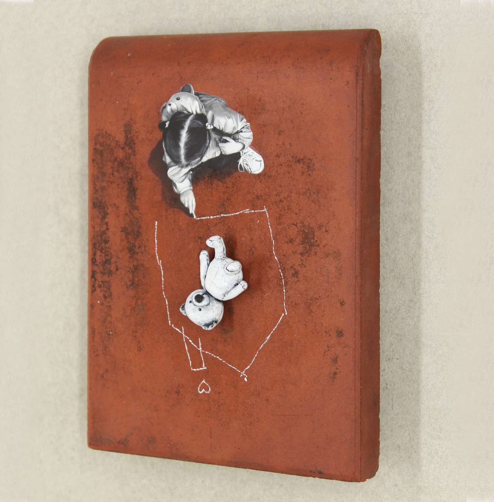 a painting of a child drawing a house around a teddy bear on tile