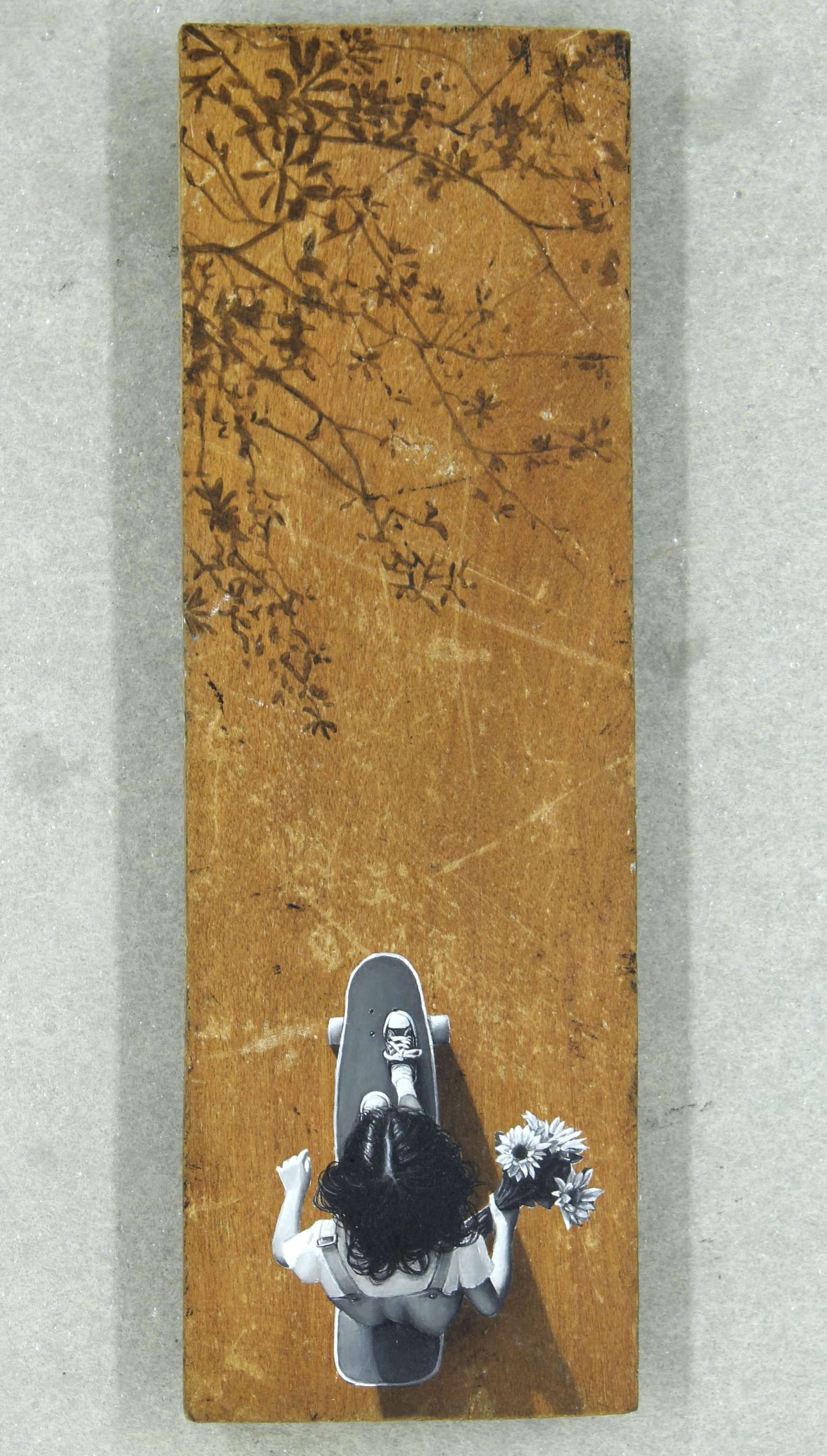 an aerial painting of a child on a skateboard with a shadowy tree above