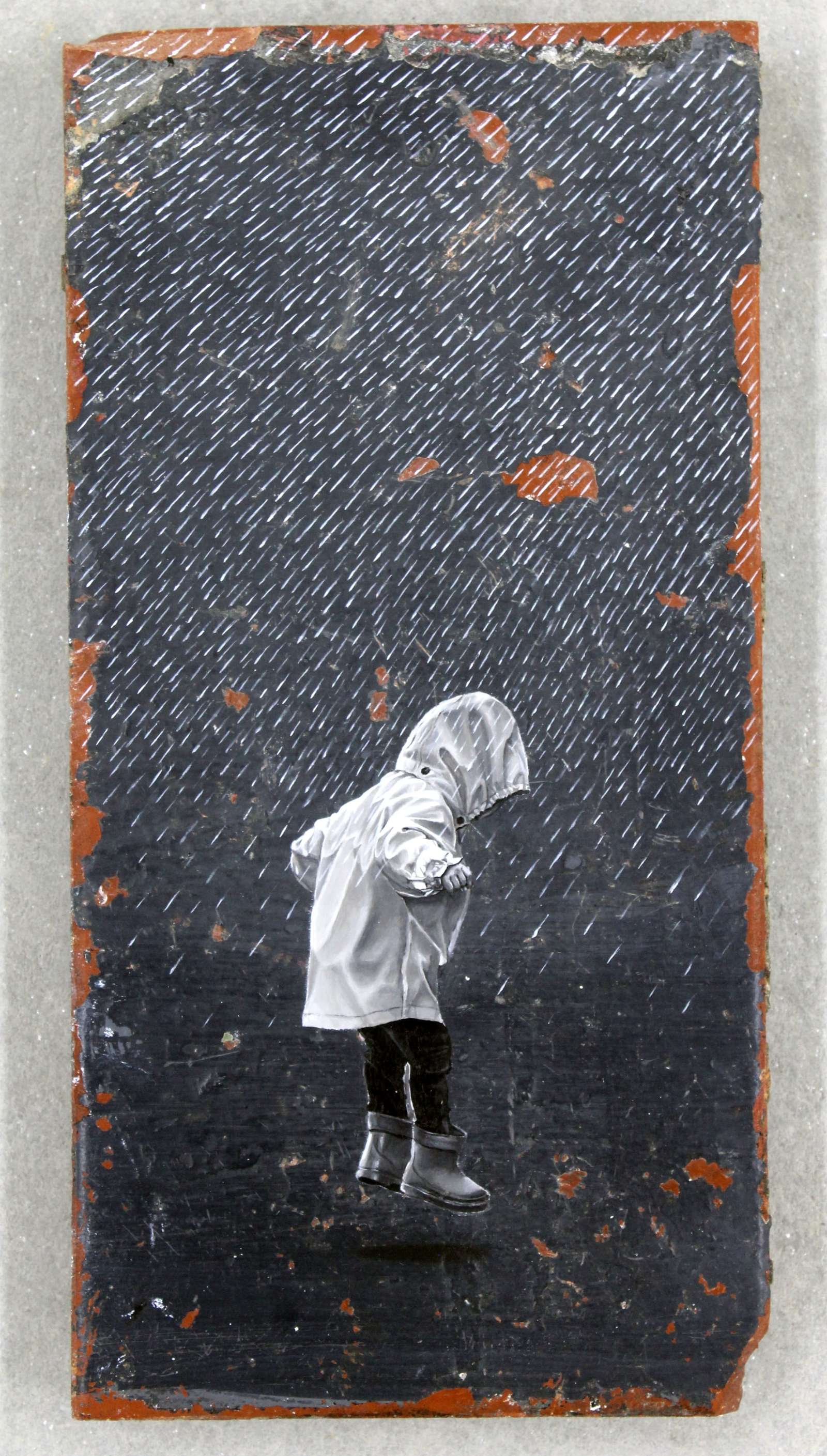 a painting of a child playing in a puddle during rain