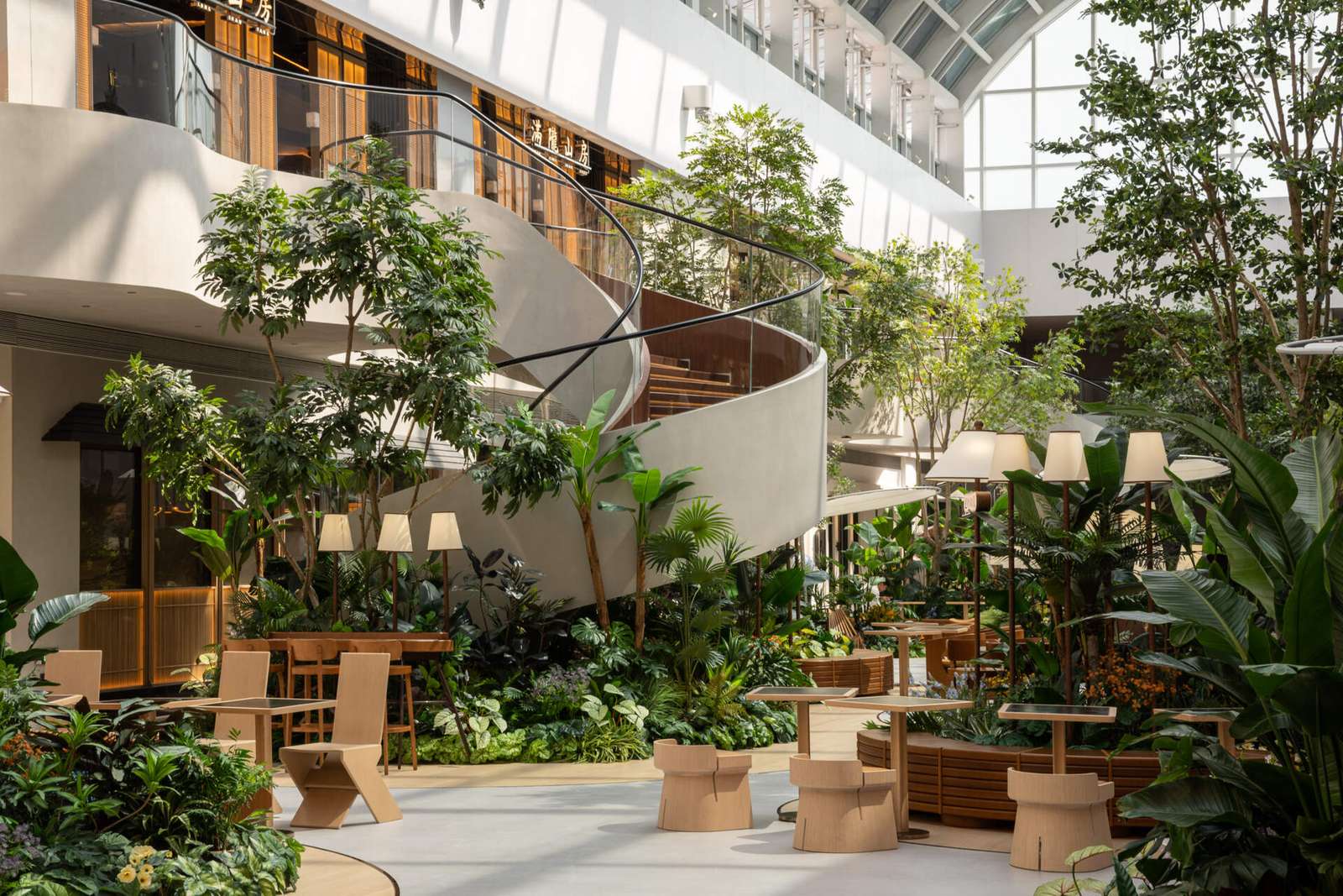 A carefully layered plant palette creates a three-dimensional garden indoors in this plaza. Tall banyans and maples stretch overhead, mid-level jacarandas and palms form soft screens, while low-growing begonias and philodendrons fill the floor. Architecture and greenery move in rhythm, shaping a space that feels alive and intentional.