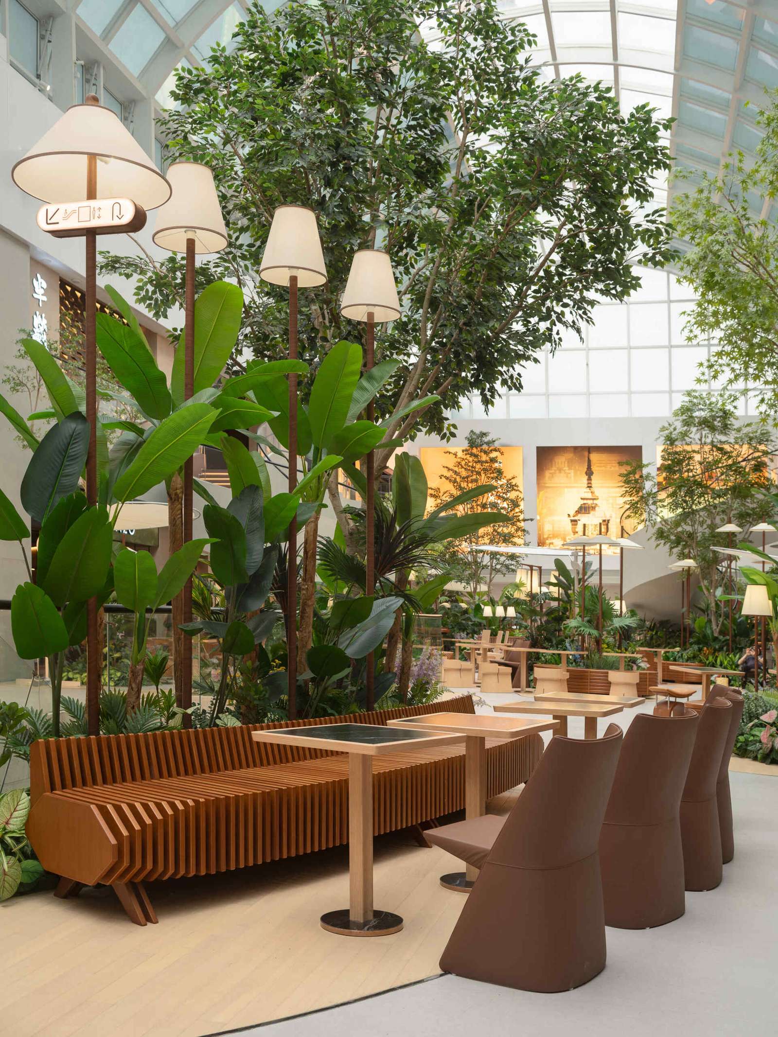 A carefully layered plant palette creates a three-dimensional garden indoors in this plaza. Tall banyans and maples stretch overhead, mid-level jacarandas and palms form soft screens, while low-growing begonias and philodendrons fill the floor. Architecture and greenery move in rhythm, shaping a space that feels alive and intentional.