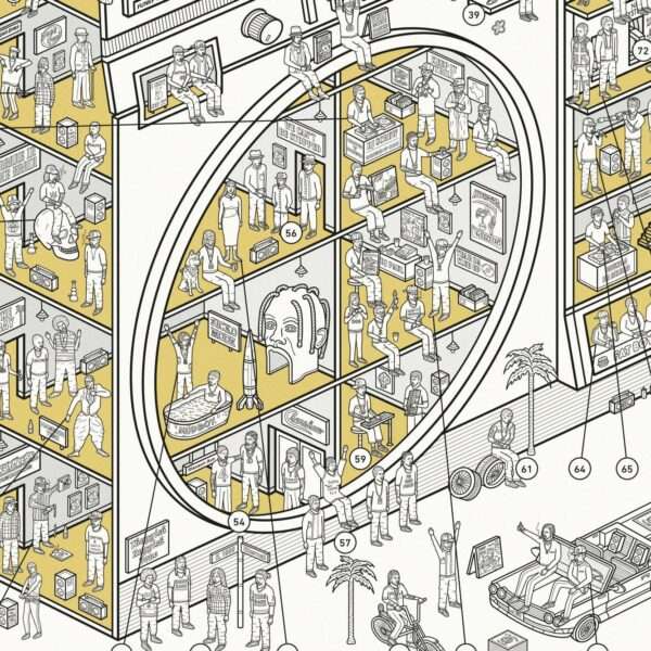 a detail of a cutaway diagram showing tiny figures sitting in a building-like structure