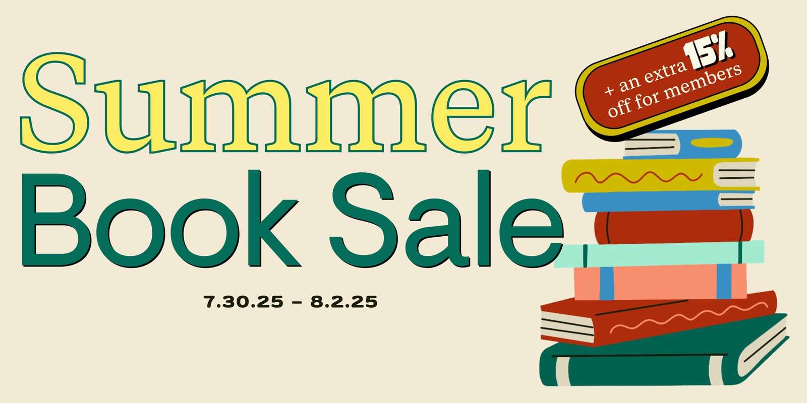a banner promoting a summer book sale with an illustration of a stack of books