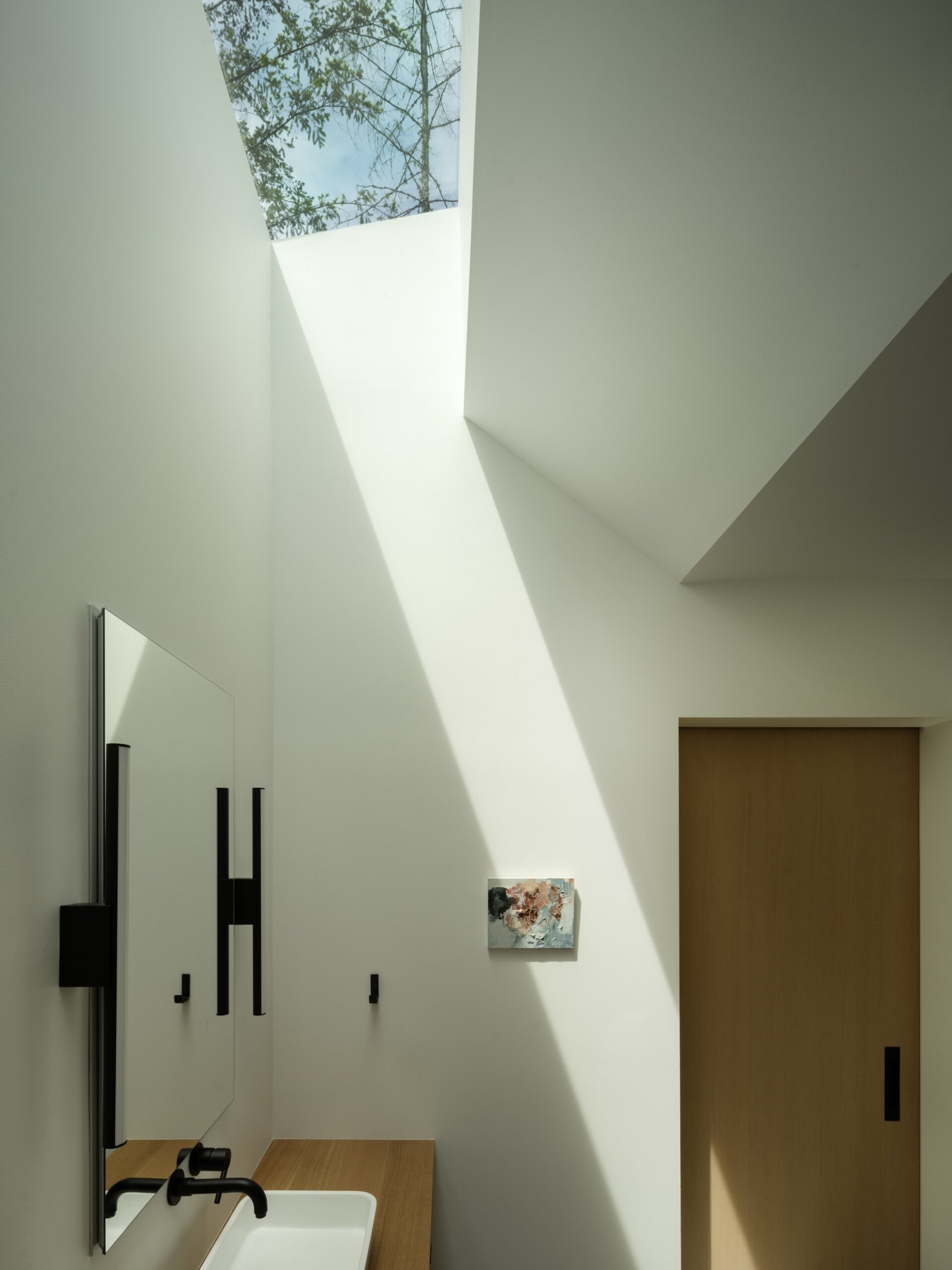 The primary bathroom finds quiet privacy behind an old-growth stump, making the daily act of bathing a moment of intimacy with the forest. Its placement invites occupants to observe the subtle changes in moss, bark, and filtered light, turning a simple ritual into a sensory connection with the land.