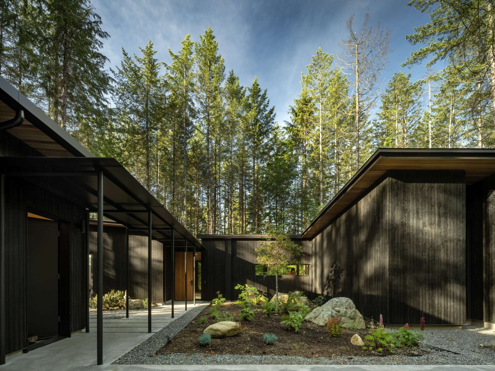 A home designed to follow the land, not alter it. Forest Pavilion preserves the contours of the Pacific Northwest forest, with minimal site impact and a rain-friendly roof that turns weather into a design feature.